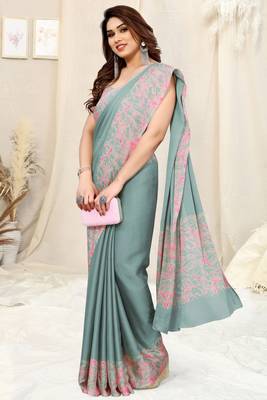 Teal Chiffon Solid/Abstract Print Printed Saree With Unstitched Blouse Piece 2