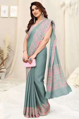 Teal Chiffon Solid/Abstract Print Printed Saree With Unstitched Blouse Piece