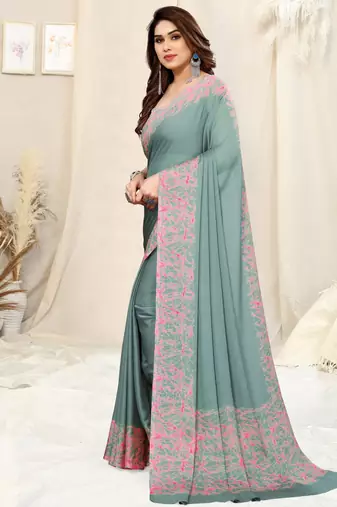 Teal Chiffon Solid/Abstract Print Printed Saree With Unstitched Blouse Piece