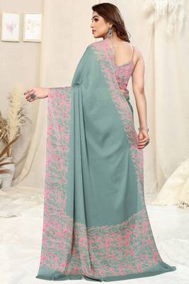 Teal Chiffon Solid/Abstract Print Printed Saree With Unstitched Blouse Piece 4