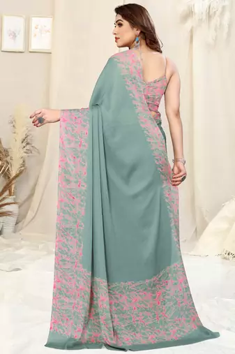 Teal Chiffon Solid/Abstract Print Printed Saree With Unstitched Blouse Piece