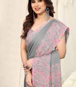 Grey Chiffon Solid/Abstract Print Printed Saree With Unstitched Blouse Piece