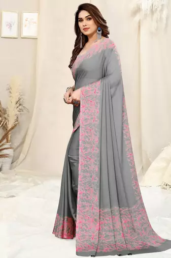 Grey Chiffon Solid/Abstract Print Printed Saree With Unstitched Blouse Piece