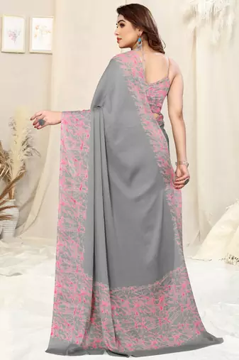 Grey Chiffon Solid/Abstract Print Printed Saree With Unstitched Blouse Piece