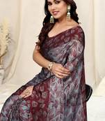 Light green chiffon floral print border saree with unstitched blouse piece