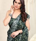 Grey chiffon leaf/floral print printed saree with unstitched blouse piece