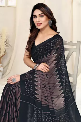 Dusty Rose Pink Chiffon Chevron/Zig Zag Print Printed Saree With Unstitched Blouse Piece
