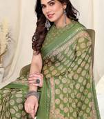 Olive Green Chiffon Block Print Printed Saree With Unstitched Blouse Piece