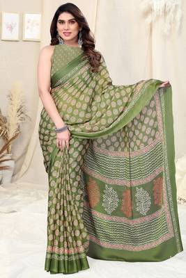 Olive Green Chiffon Block Print Printed Saree With Unstitched Blouse Piece 2
