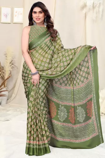 Olive Green Chiffon Block Print Printed Saree With Unstitched Blouse Piece