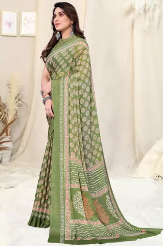 Olive Green Chiffon Block Print Printed Saree With Unstitched Blouse Piece