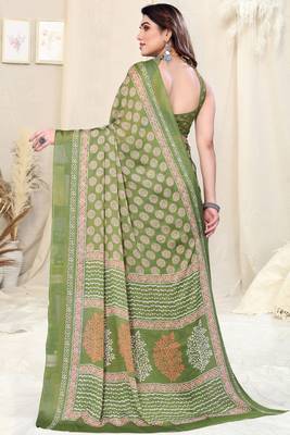 Olive Green Chiffon Block Print Printed Saree With Unstitched Blouse Piece 4
