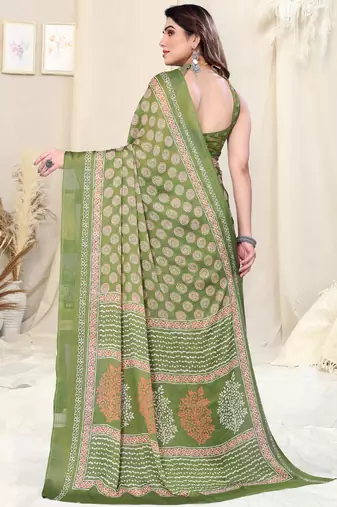 Olive Green Chiffon Block Print Printed Saree With Unstitched Blouse Piece