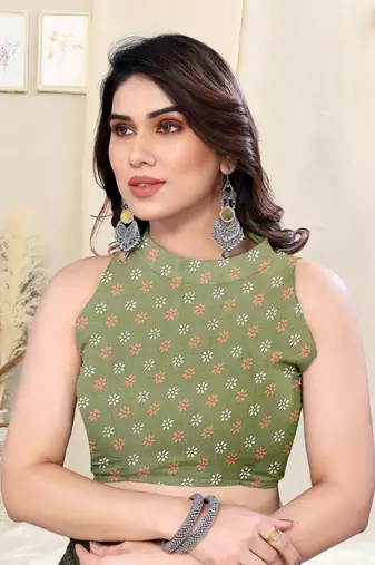 Olive Green Chiffon Block Print Printed Saree With Unstitched Blouse Piece