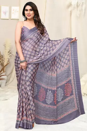Dusty Lavender Chiffon Block Print Printed Saree With Unstitched Blouse Piece