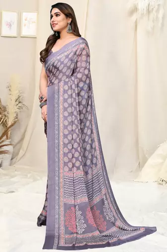 Dusty Lavender Chiffon Block Print Printed Saree With Unstitched Blouse Piece