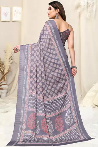Dusty Lavender Chiffon Block Print Printed Saree With Unstitched Blouse Piece