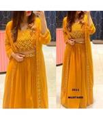women's ethnic foil  mirror work georgette crop top lehenga with shrug - mustard