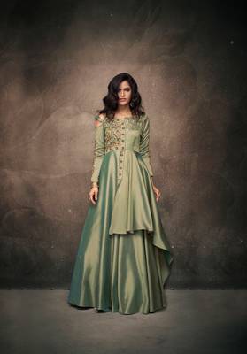 Mint Green Jari & Resham Embroidery With Stone Work Satin Silk Stiched Readymade Gown 2