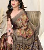 Beige Chiffon Geometric Print Printed Saree With Unstitched Blouse Piece
