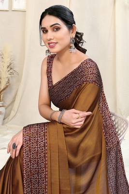 Dusty mustard chiffon solid/batik print printed saree with unstitched blouse piece 1