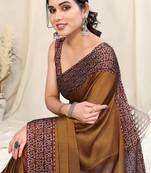 Dusty mustard chiffon solid/batik print printed saree with unstitched blouse piece