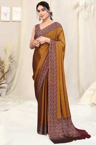 Dusty mustard chiffon solid/batik print printed saree with unstitched blouse piece