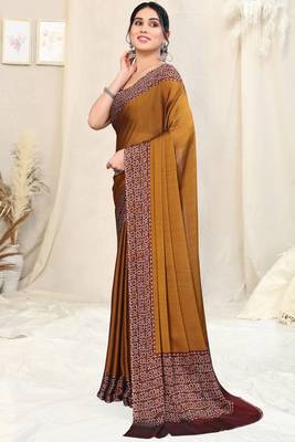 Dusty mustard chiffon solid/batik print printed saree with unstitched blouse piece 3