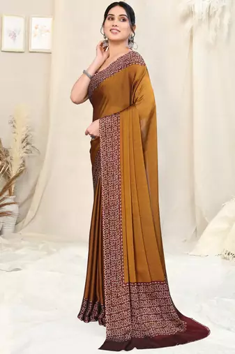 Dusty mustard chiffon solid/batik print printed saree with unstitched blouse piece
