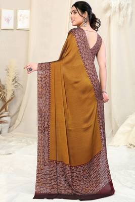 Dusty mustard chiffon solid/batik print printed saree with unstitched blouse piece 4