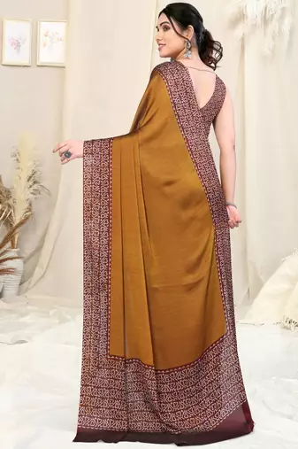 Dusty mustard chiffon solid/batik print printed saree with unstitched blouse piece