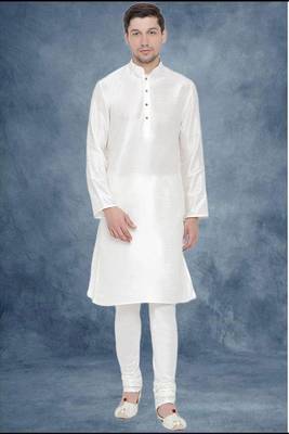 White art dupion silk mens plain kurta pajama 1