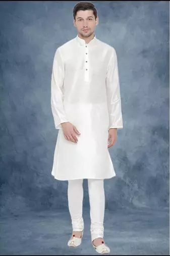White art dupion silk mens plain kurta pajama