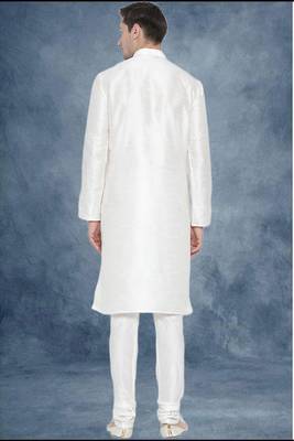 White art dupion silk mens plain kurta pajama 4