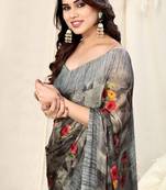 Light Dusty Pink Chiffon Floral Print Border Saree With Unstitched Blouse Piece