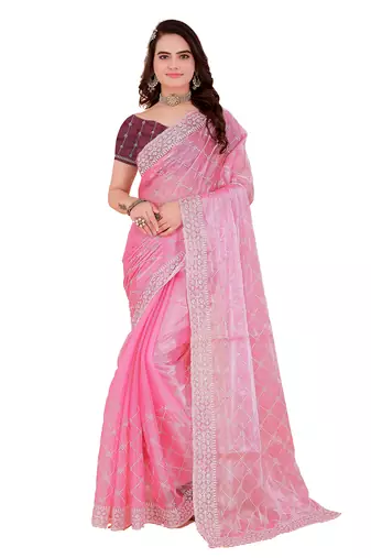 Pink Organza Saree For Women With Blouse Sd29122