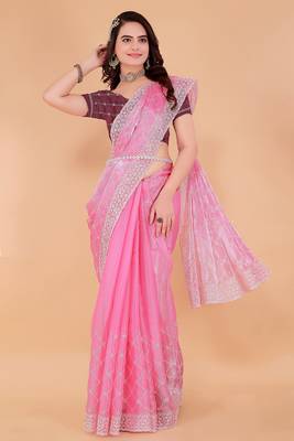 Pink Organza Saree For Women With Blouse Sd29122 1