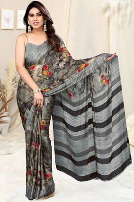 Light Dusty Pink Chiffon Floral Print Border Saree With Unstitched Blouse Piece 2