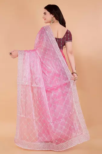 Pink Organza Saree For Women With Blouse Sd29122