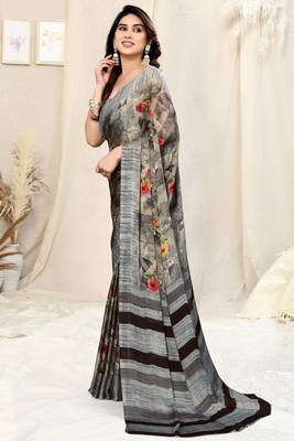 Light Dusty Pink Chiffon Floral Print Border Saree With Unstitched Blouse Piece 3