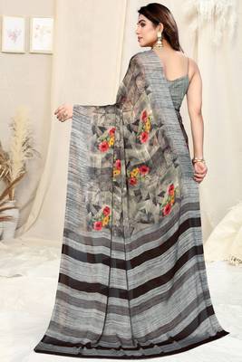 Light Dusty Pink Chiffon Floral Print Border Saree With Unstitched Blouse Piece 4