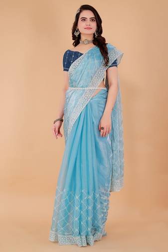 Blue Organza Saree For Women With Blouse Sd29124