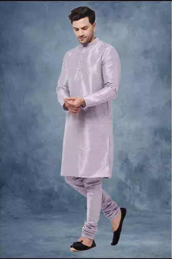 Purple art dupion silk mens plain kurta pajama