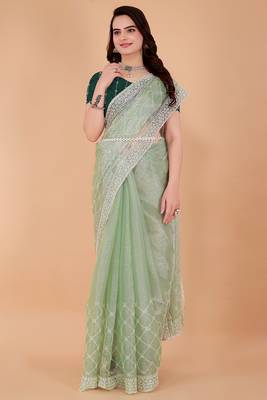 Green Organza Saree For Women With Blouse Sd29125 1