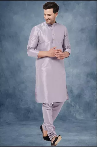 Purple art dupion silk mens plain kurta pajama
