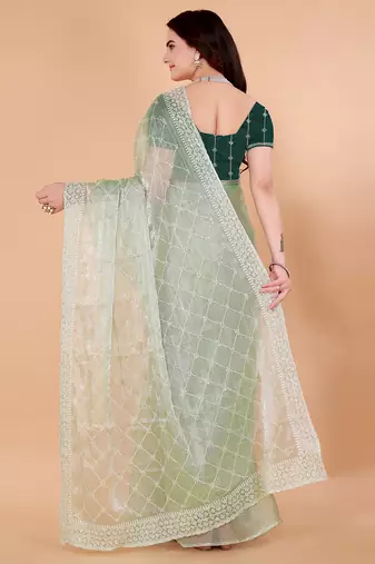 Green Organza Saree For Women With Blouse Sd29125