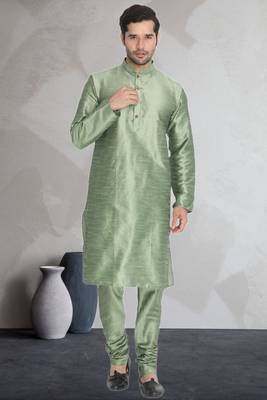 Green art dupion silk mens plain kurta pajama 1