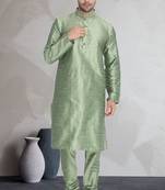 Green art dupion silk mens plain kurta pajama