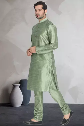 Green art dupion silk mens plain kurta pajama
