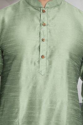 Green art dupion silk mens plain kurta pajama 3